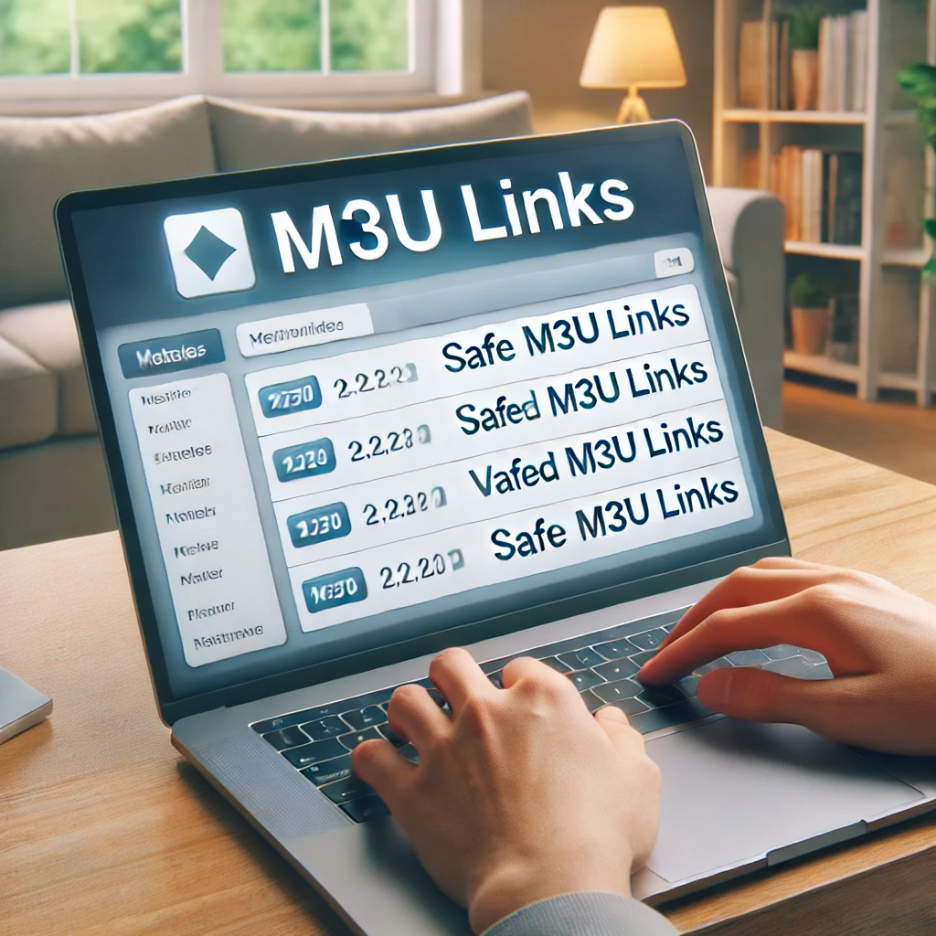 User browsing safe M3U links on a modern laptop in a secure and comfortable home setting for IPTV streaming.