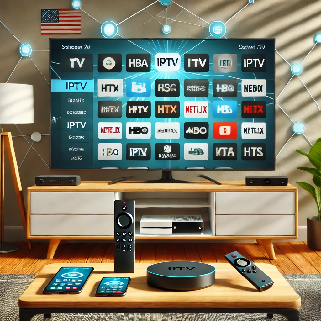 IPTV setup in a modern American living room with Smart TV, Firestick, Android TV box, and smartphone