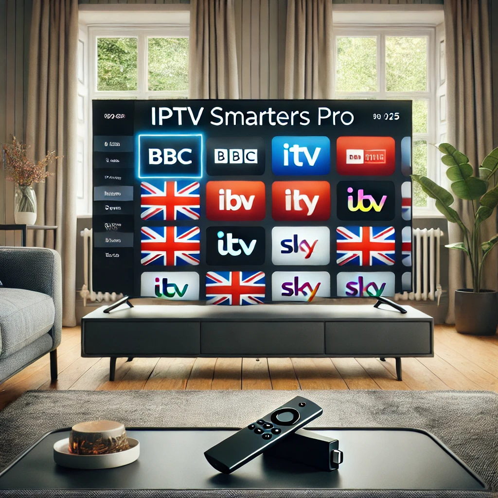 IPTV Smarters Pro interface on Smart TV in a UK living room with BBC and Sky Sports