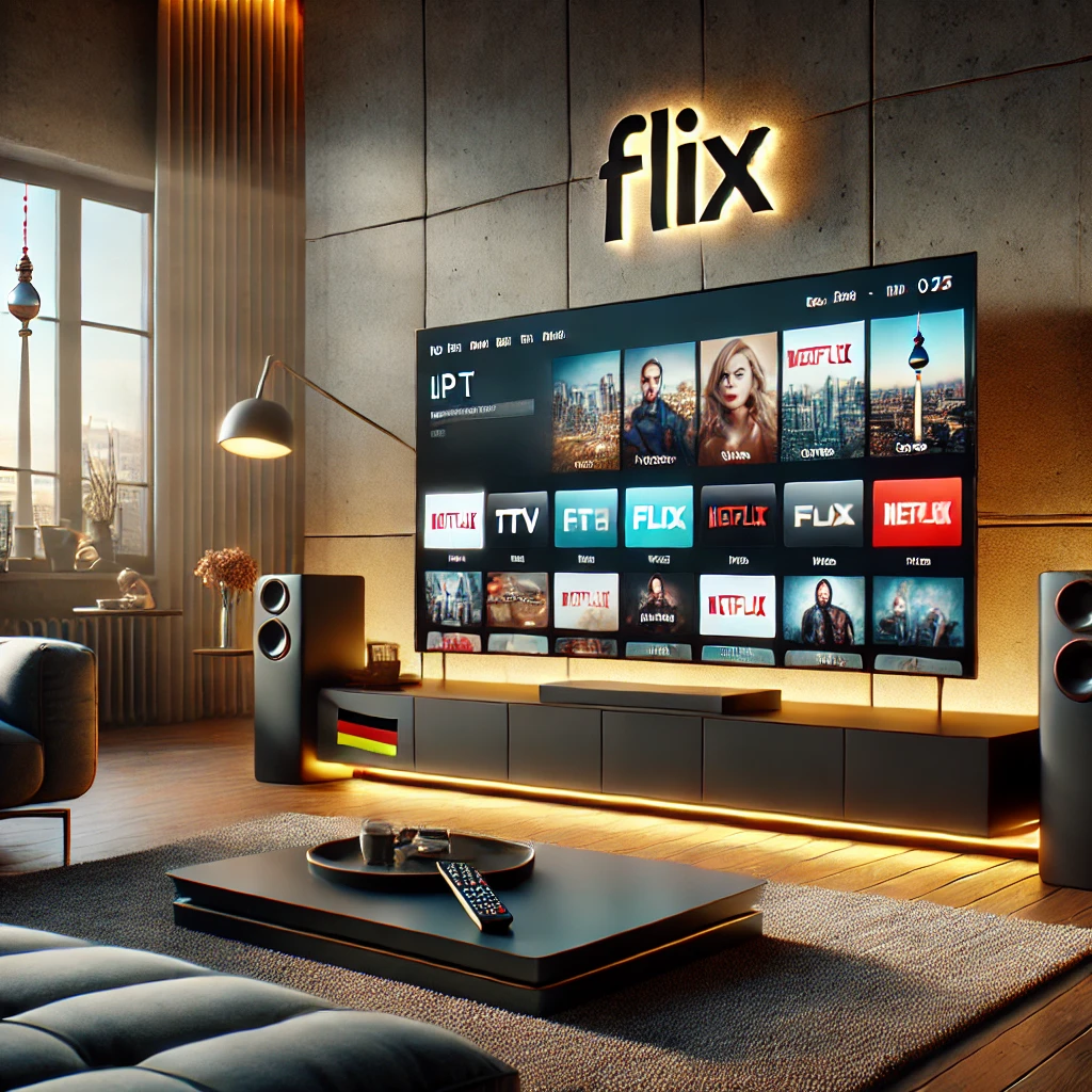Flix IPTV setup on a Smart TV in a modern German living room