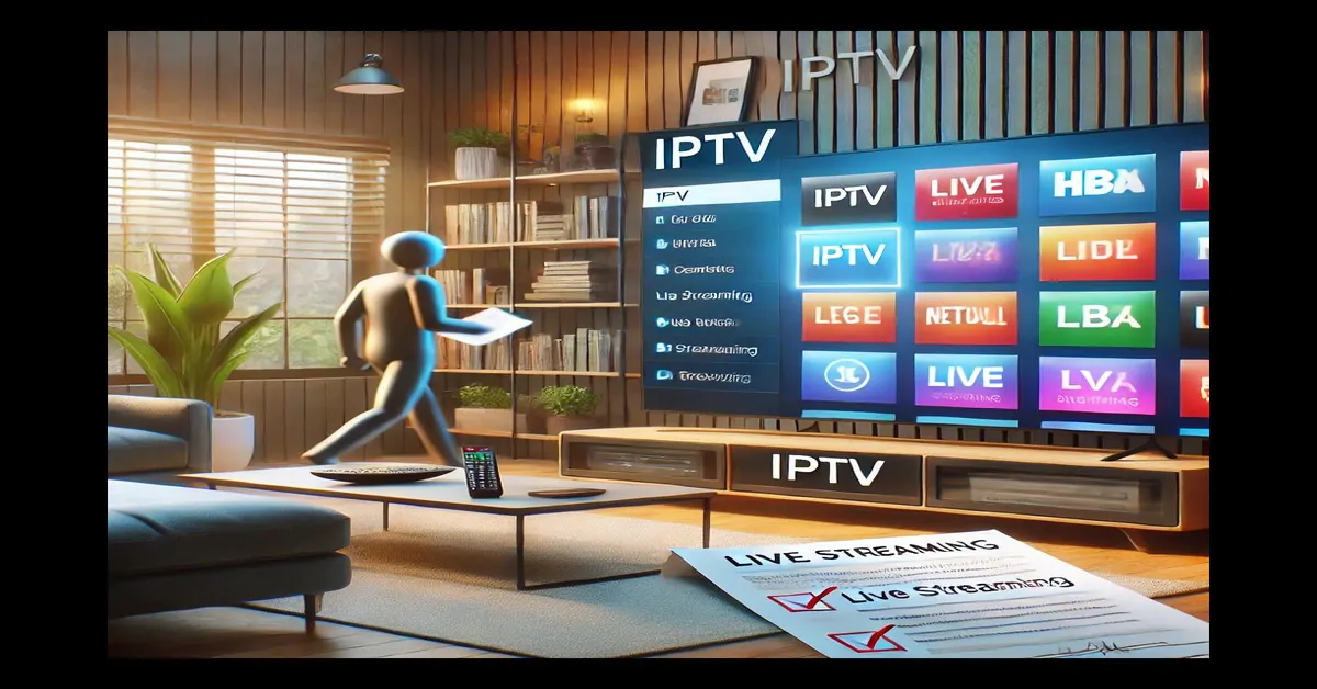 Watching IPTV legally in Australia on a Smart TV with a variety of channels displayed. A legal document on the coffee table symbolizes safe and compliant streaming. Modern living room setting.